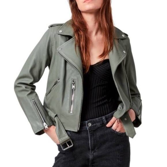 All Saints Green Leather Moto Jacket Size 2 Retails $589 NWT - Picture 2 of 11